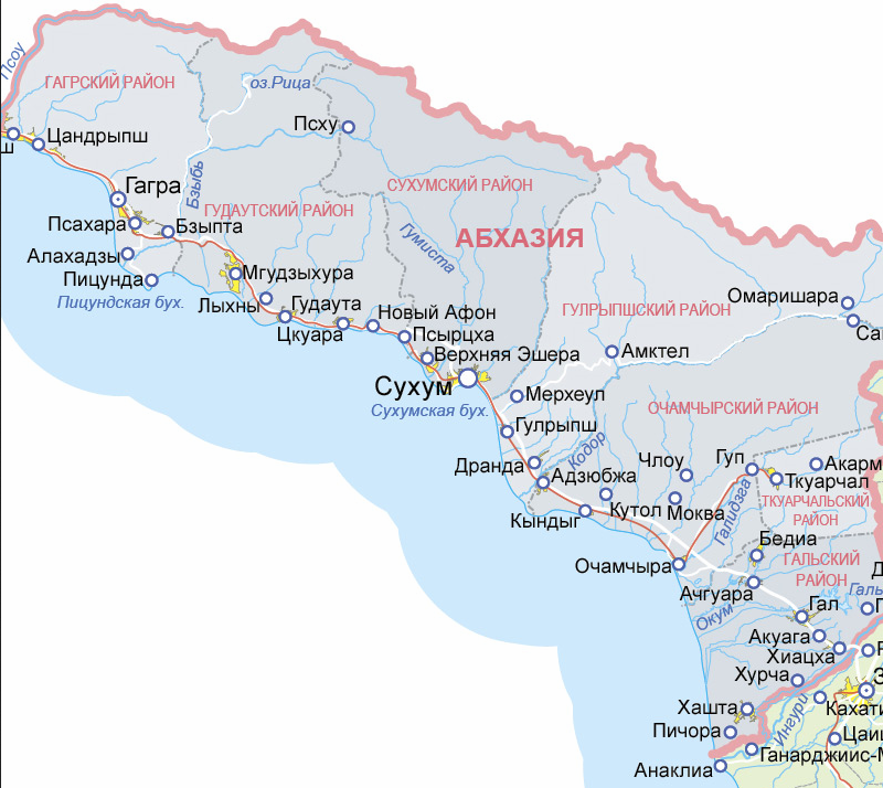 Карта побережья Абхазии с городами и районами на русском языке