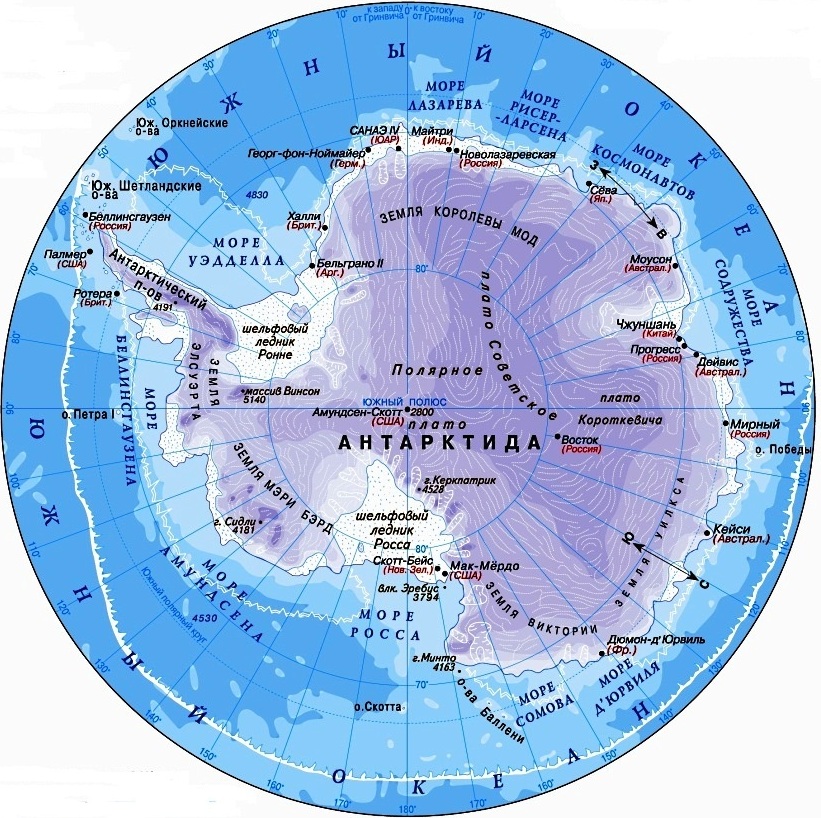 Карта Антарктиды со станциями и странами, которым они принадлежат