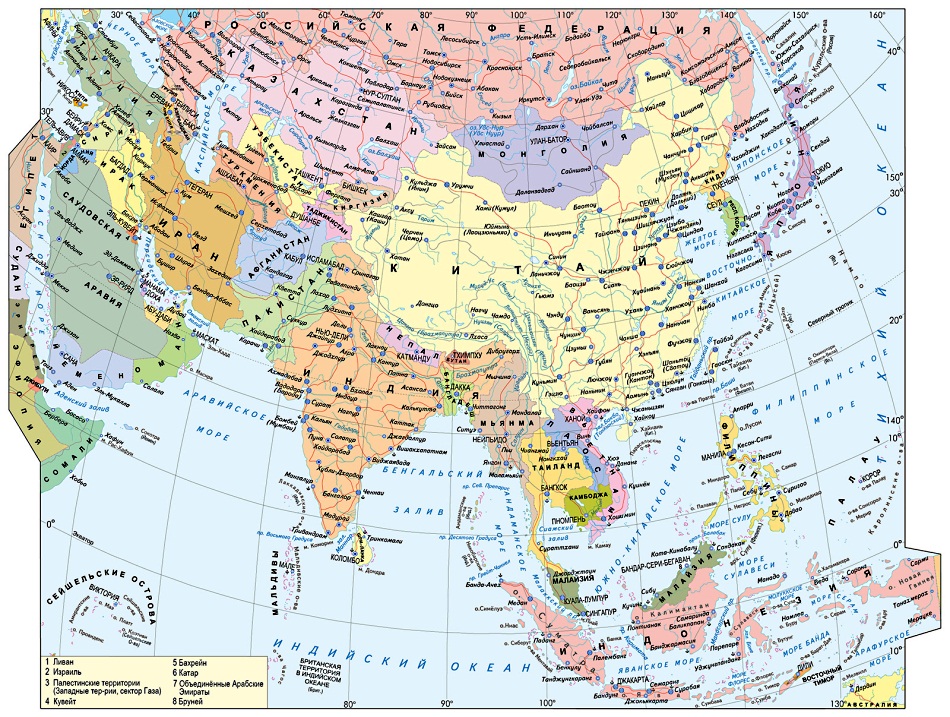 Политическая карта Азии со странами и столицами на русском языке