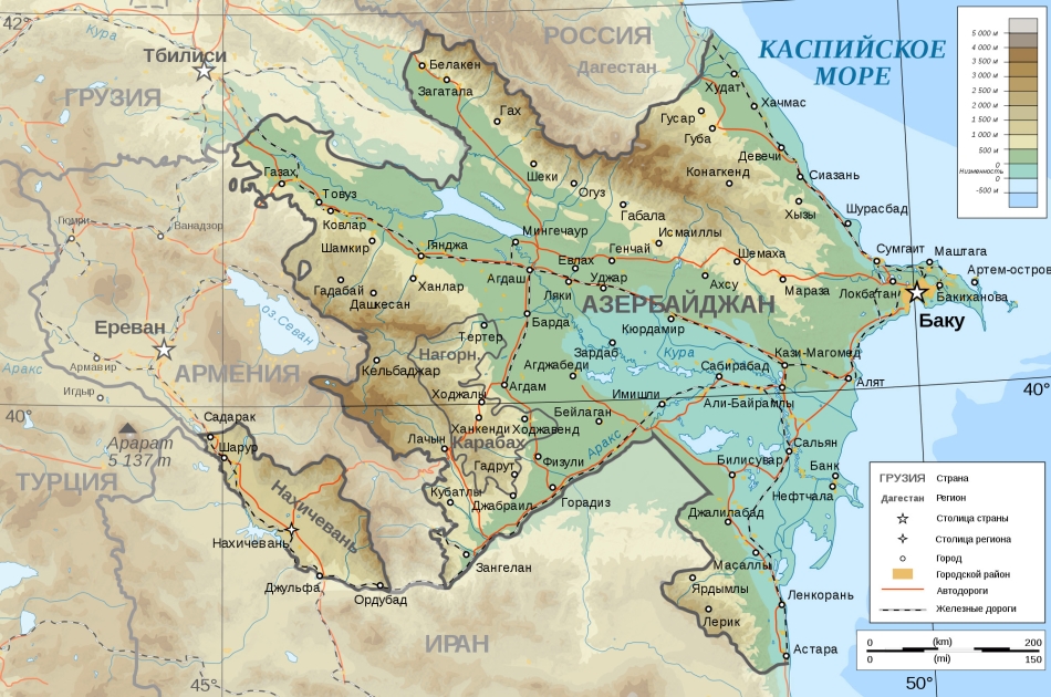 Карта Азербайджана на русском языке с автомобильными и железными дорогами