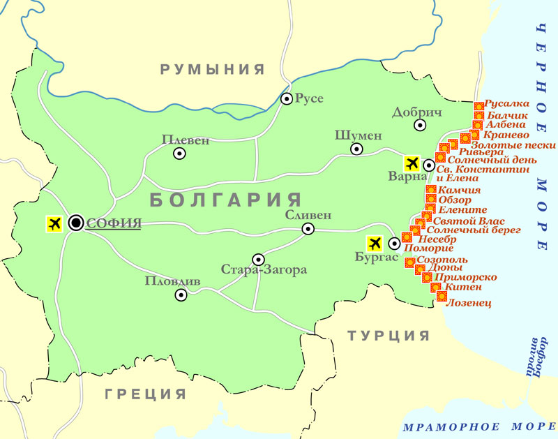 Карта Болгарии с курортами на русском языке