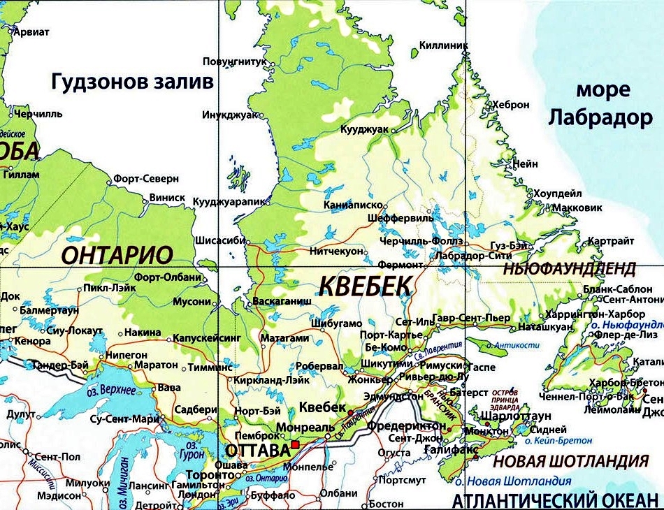 Карта Канады с городами на русском языке в восточных провинциях