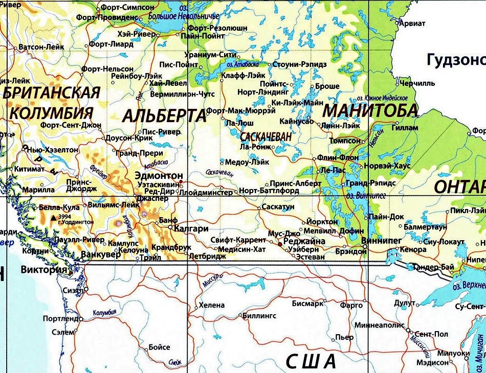 Карта Канады с городами на русском языке в западных провинциях