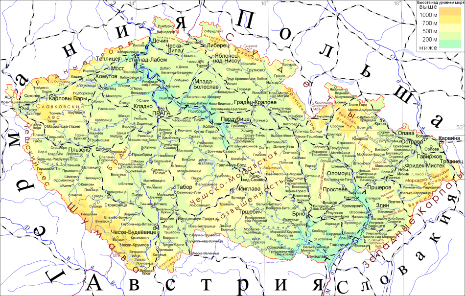 Географическая карта Чехии на русском языке с городами подробная