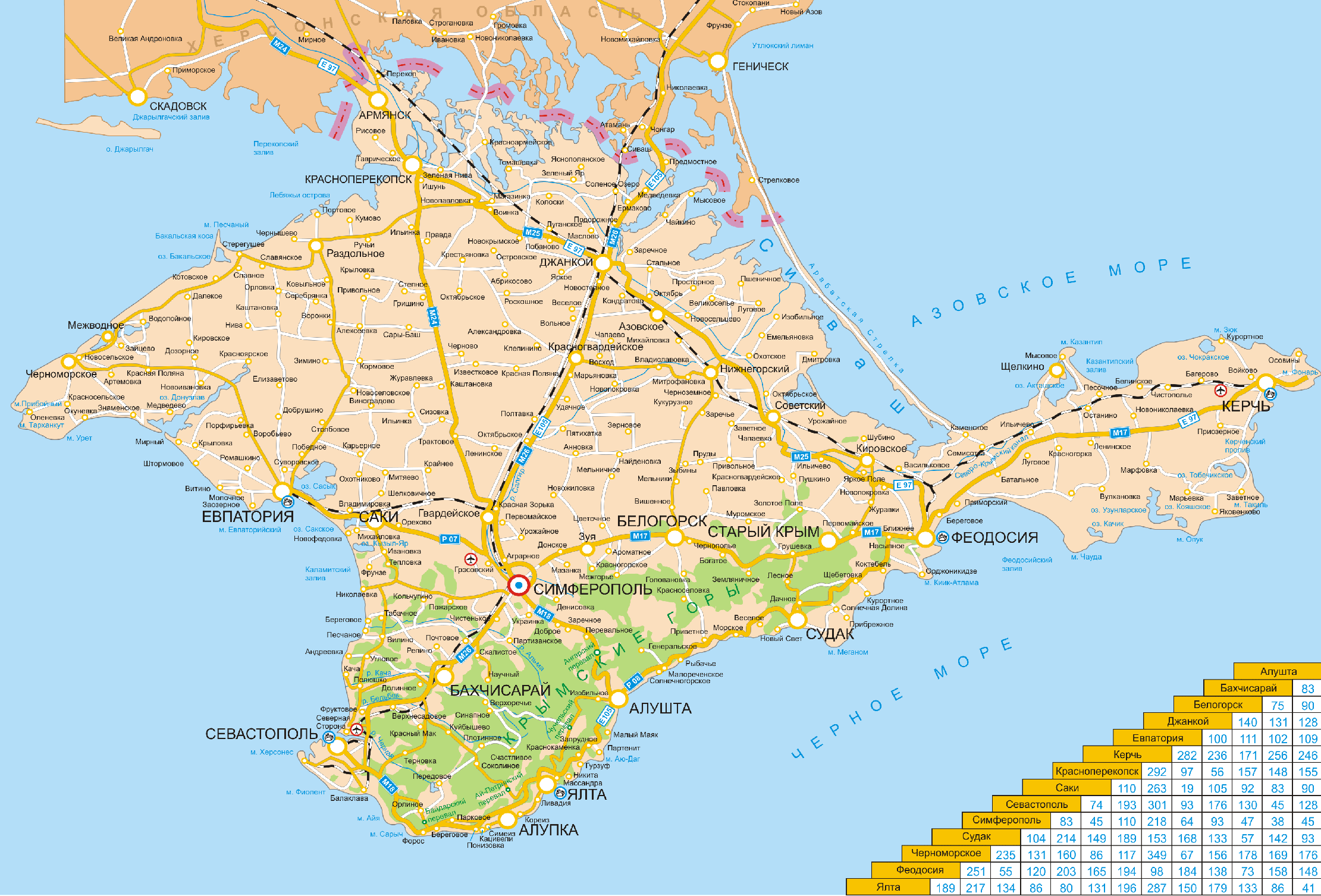 Карта республики крым с городами и поселками с указанием расстояния