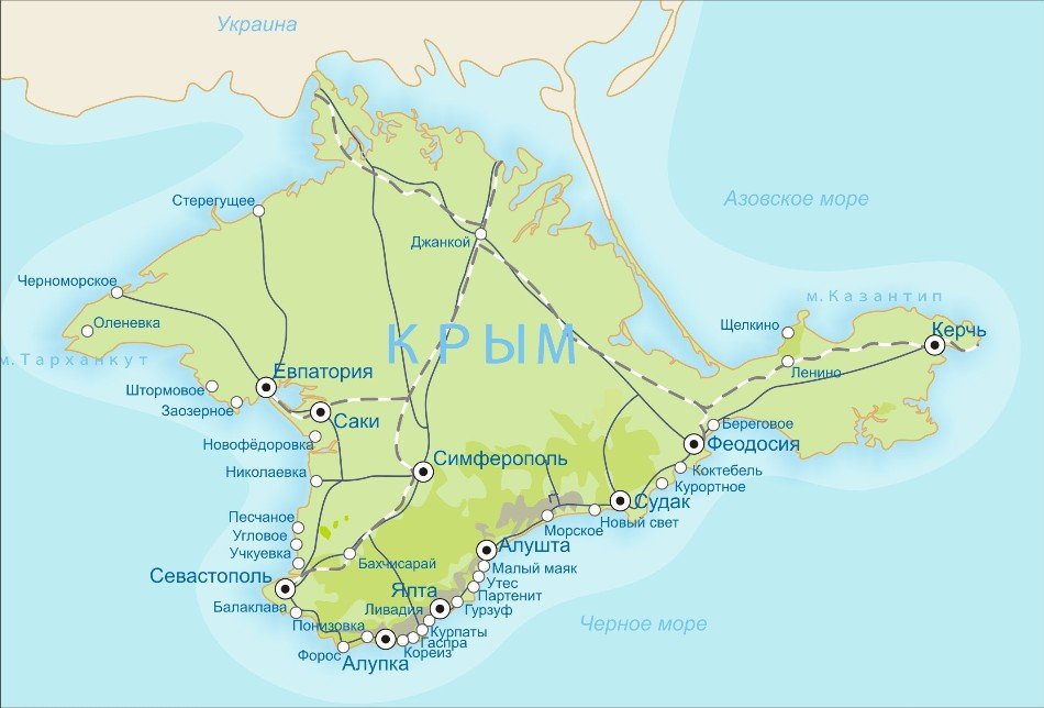 Крым карта с городами и посёлками - курорты на карте побережья крыма