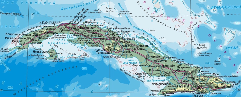 Географическая карта Кубы с дорогами и отображением рельефа