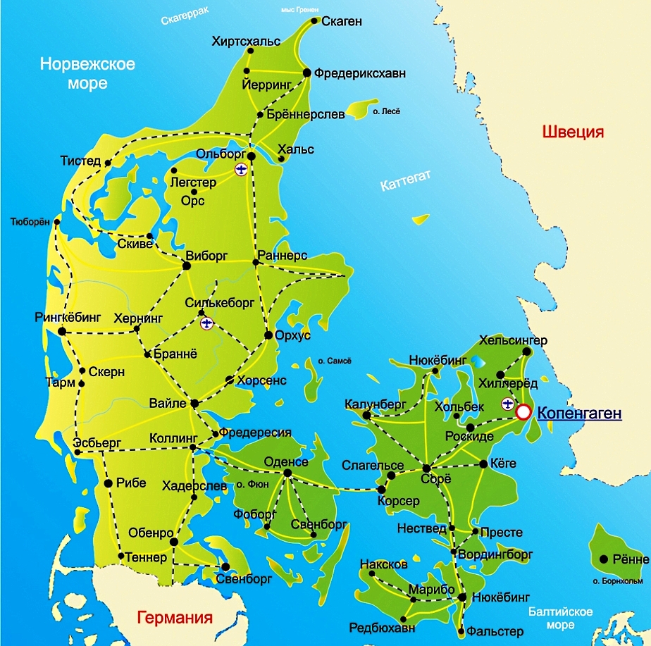 Карта Дании с городами на русском языке