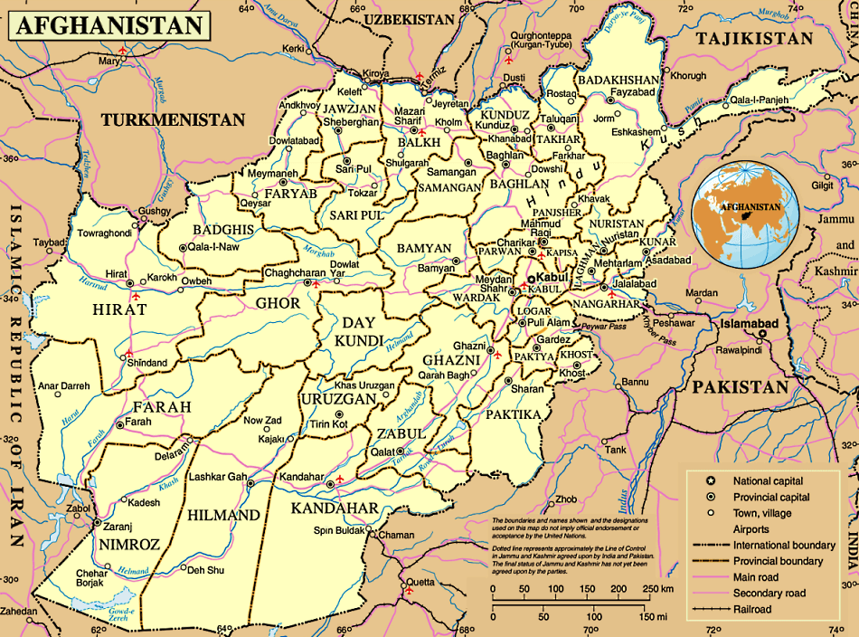 Afghanistan Karte mit Städten, Regionen, Orten, Straßen, Flüssen und Seen auf Englisch