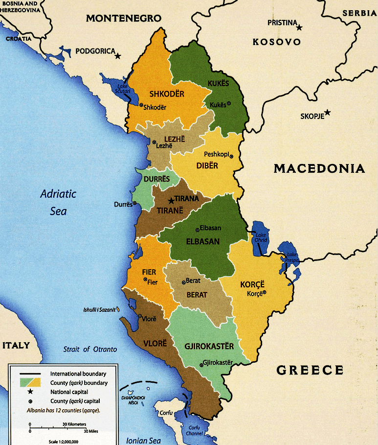 Albanien Karte mit Städten und Regionen auf Englisch