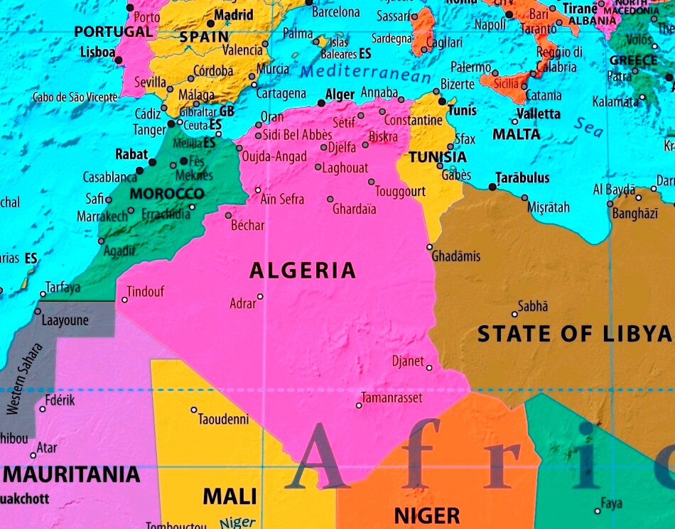Algerien Karte mit Städten auf Englisch