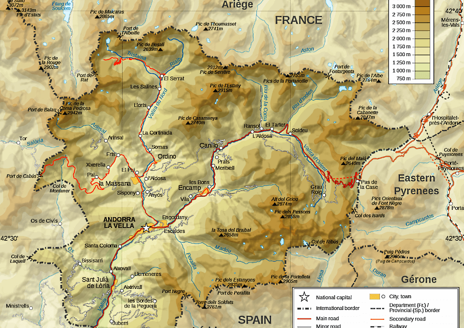 Andorra Karte mit Städten, Regionen, Orten, Straßen, Flüssen und Seen auf Englisch