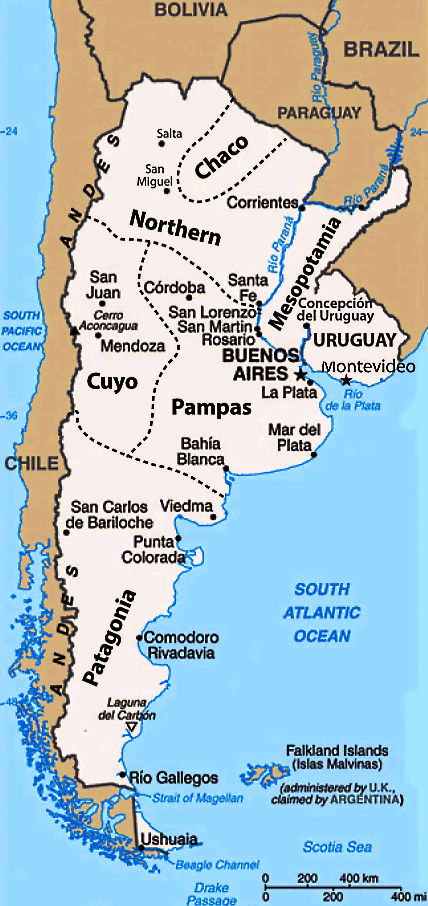 Argentinien Karte mit Städten, Regionen, Orten und Flüssen auf Englisch