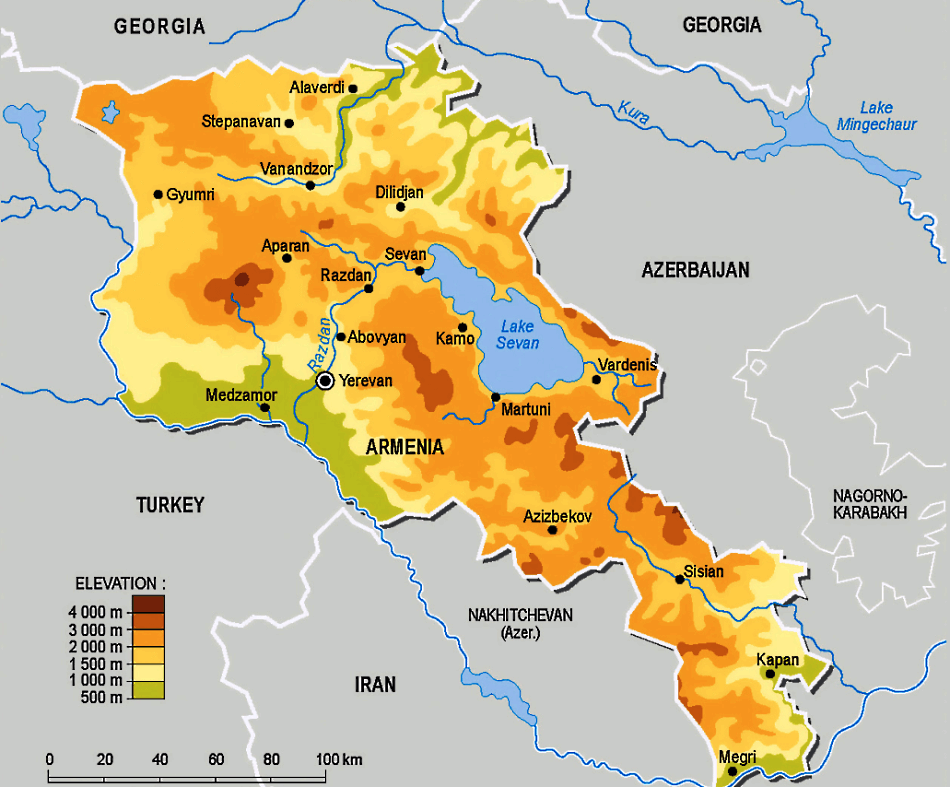 Armenien Karte mit Städten, Flüssen und Seen auf Englisch