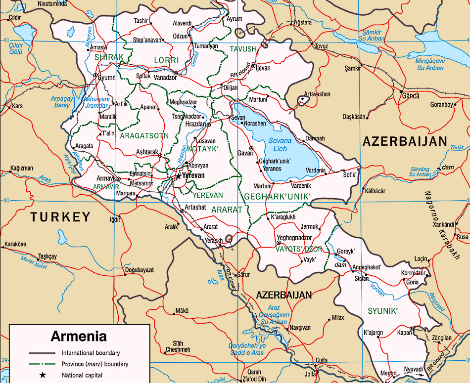 Armenien Karte mit Städten, Regionen, Orten, Straßen, Flüssen und Seen auf Englisch