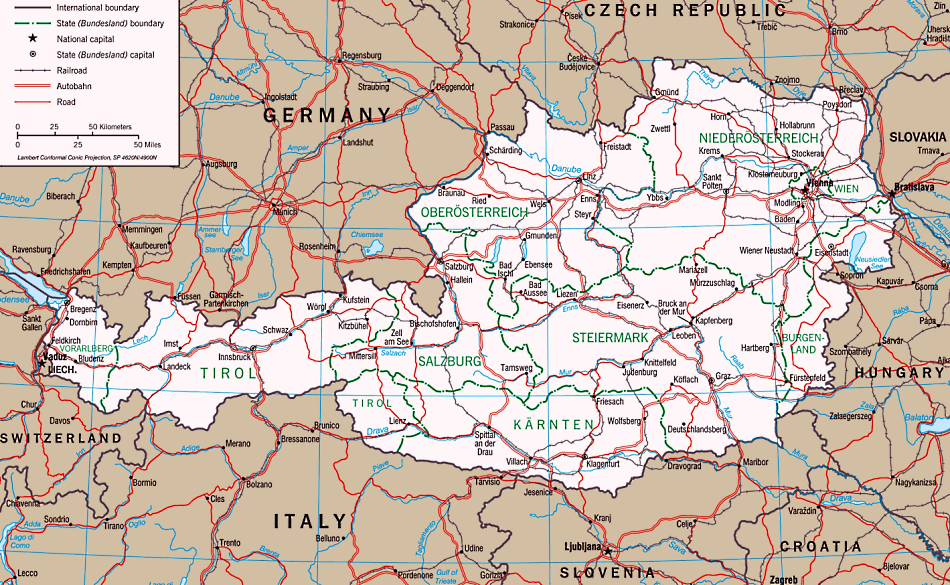 Österreich Karte mit Städten und Regionen auf Englisch
