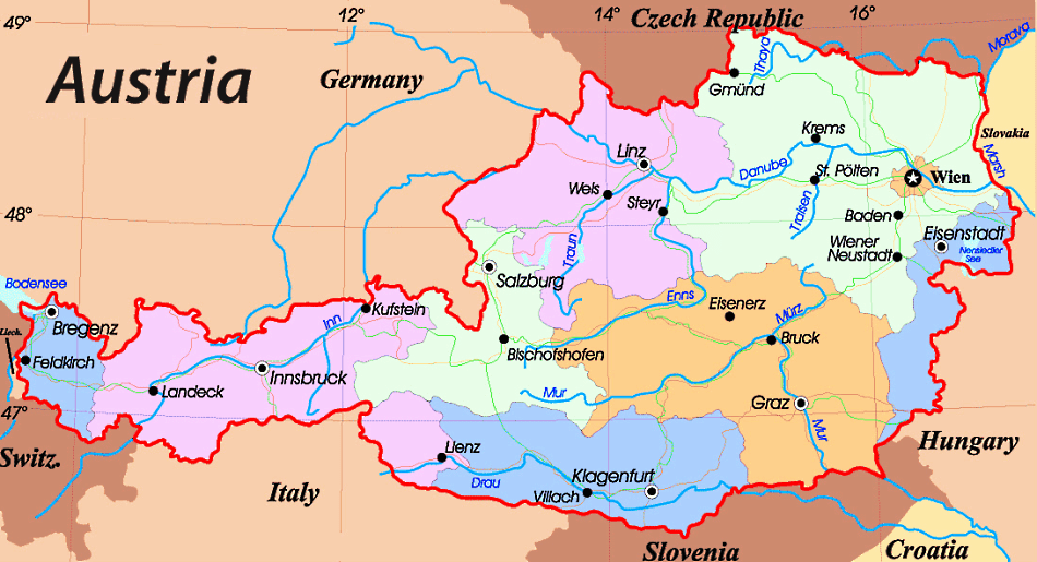 Österreich Karte mit Städten, Regionen, Straßen und Flüssen auf Englisch
