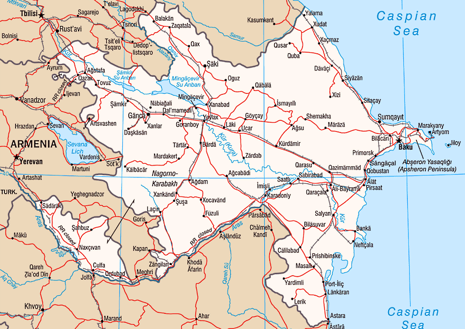 Azerbaijão mapa com cidades em inglês