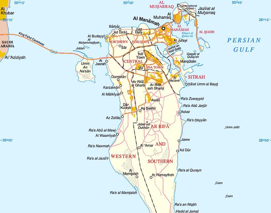 Bahrein mapa com cidades em inglês