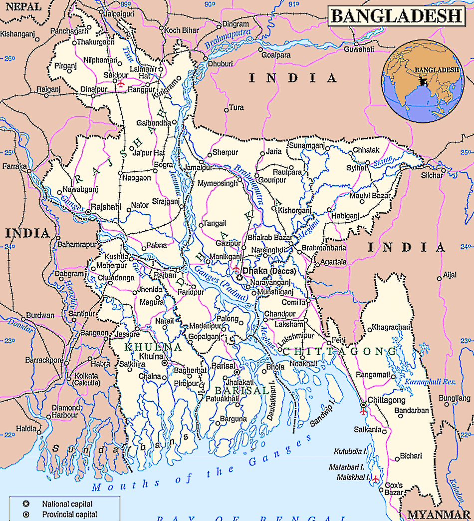 Bangladesch Karte mit Städten, Orten, Straßen, Flüssen und Seen auf Englisch