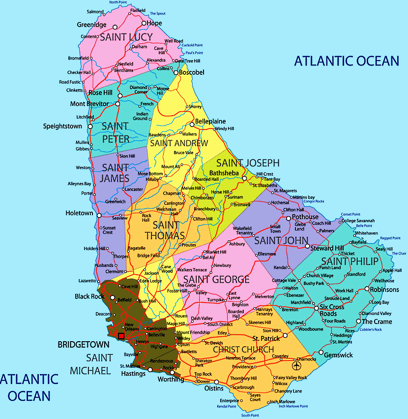 Barbados Karte mit Stadten auf Englisch