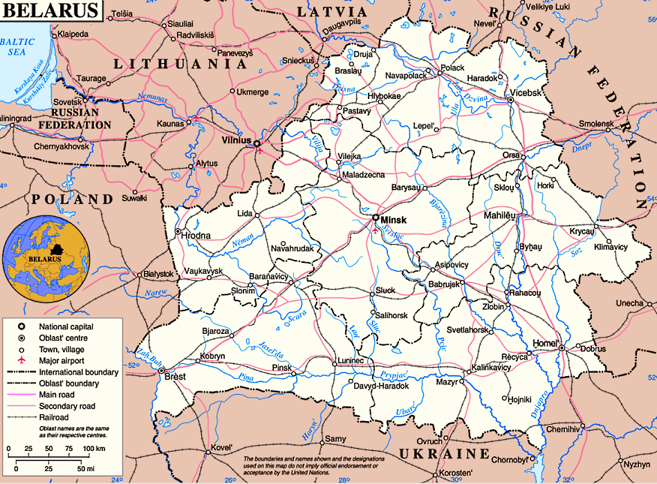 Weißrussland Karte mit Städten, Regionen, Orten, Straßen, Flüssen und Seen auf Englisch