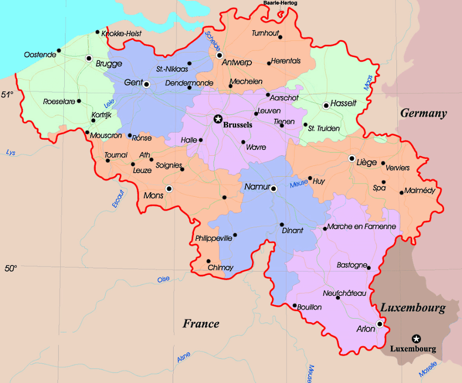 Belgien Karte mit Städten, Regionen und Flüssen auf Englisch
