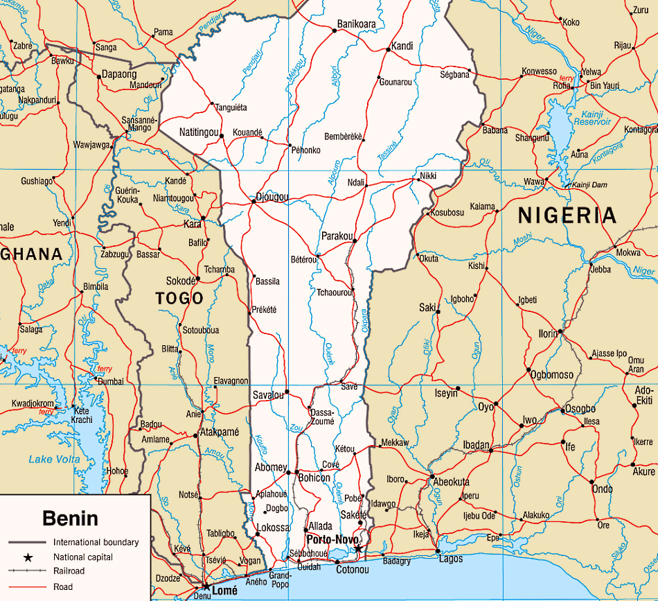 Benin Karte mit Stadten auf Englisch