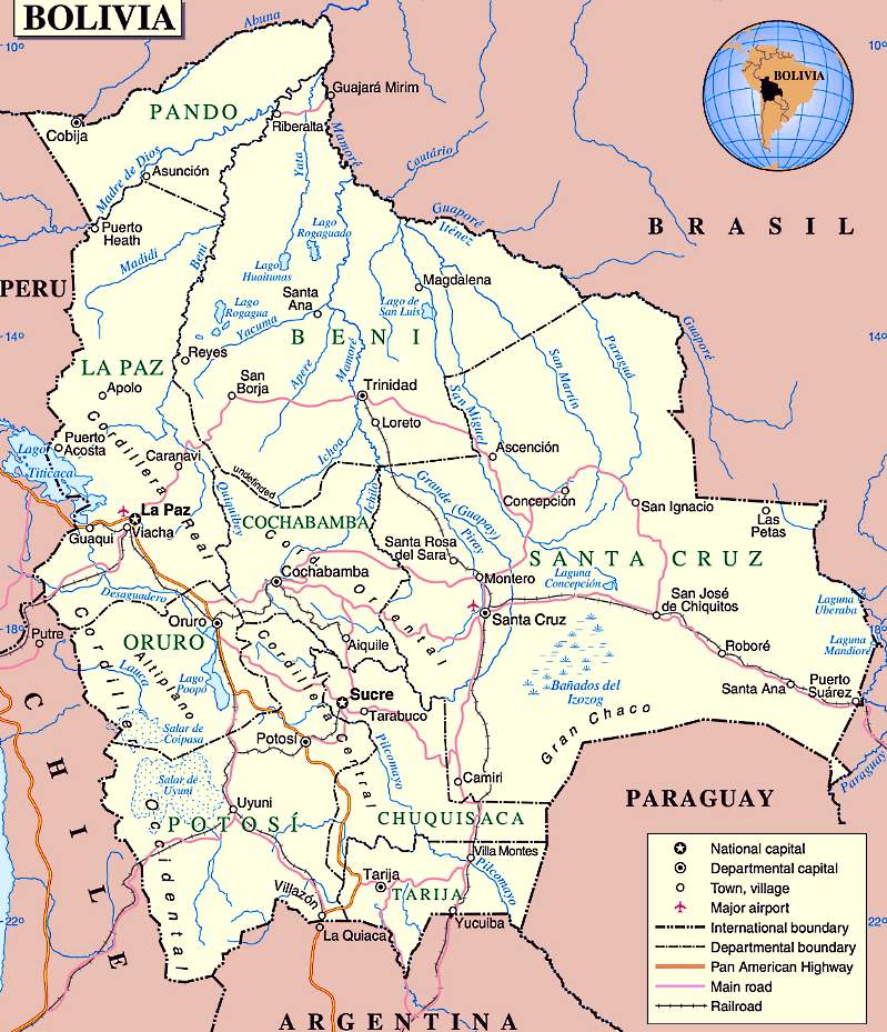 Bolivien Karte mit Städten, Regionen, Orten, Straßen, Flüssen und Seen auf Englisch