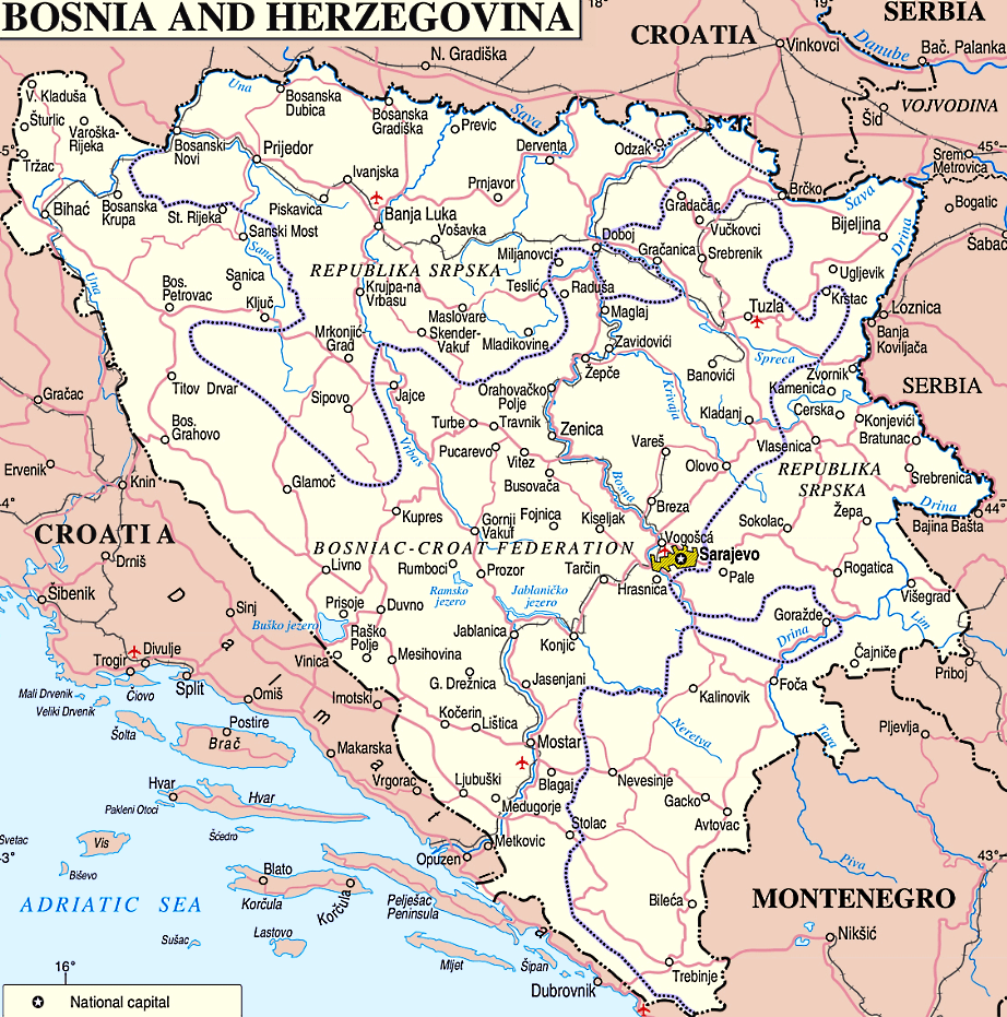 Bosnien und Herzegowina Karte mit Städten, Regionen, Orten, Straßen, Flüssen und Seen auf Englisch