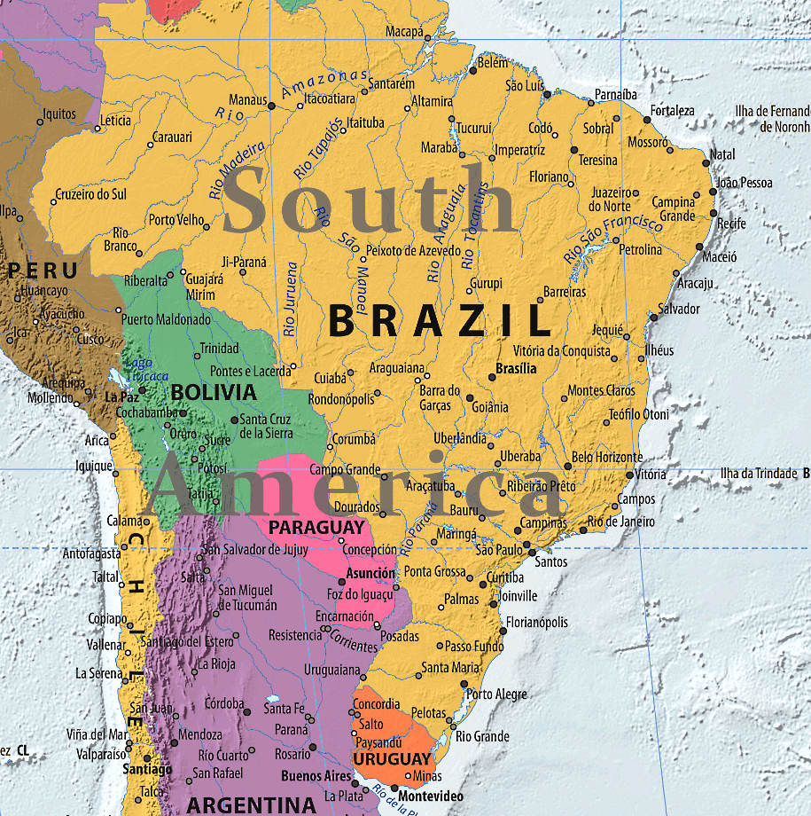 Brasilien Karte mit Städten auf Englisch