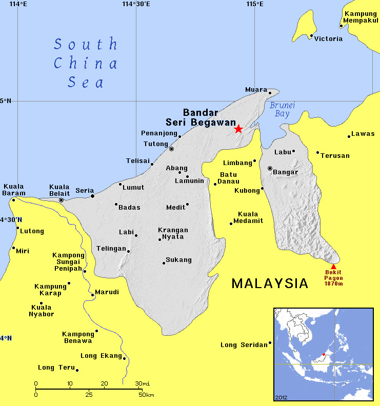 Brunei Karte mit Stadten auf Englisch