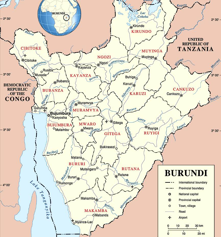 Burundi Karte mit Stadten auf Englisch