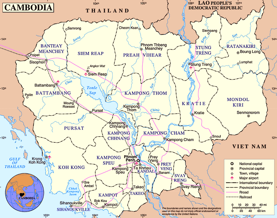 Camboja mapa politico com distritos e cidades em inglês
