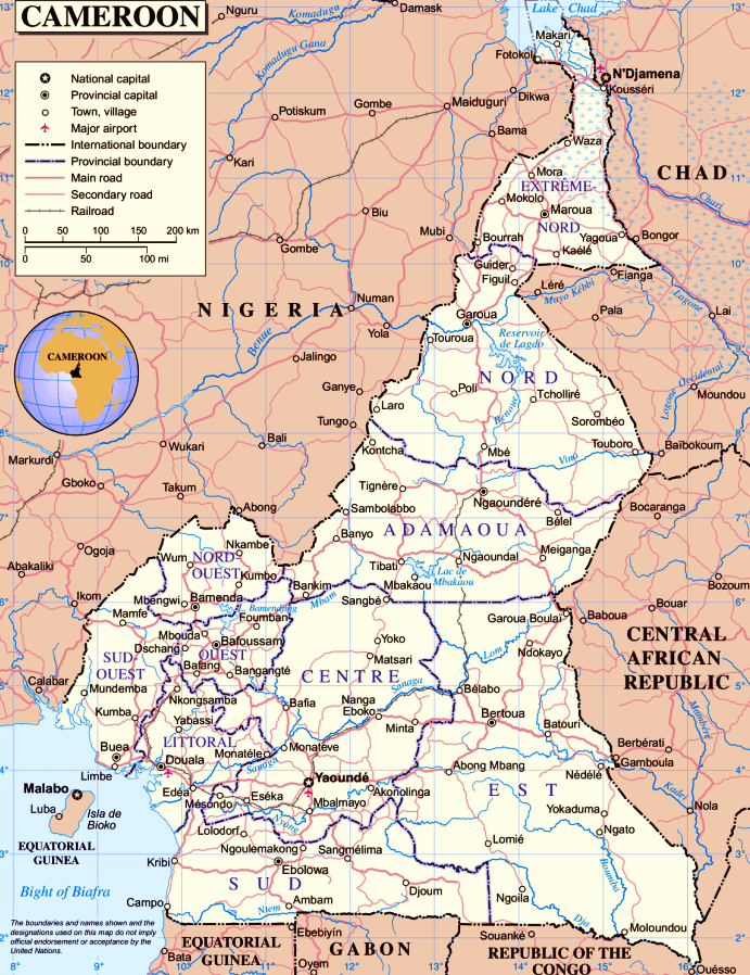Kamerun Karte mit Stadten auf Englisch