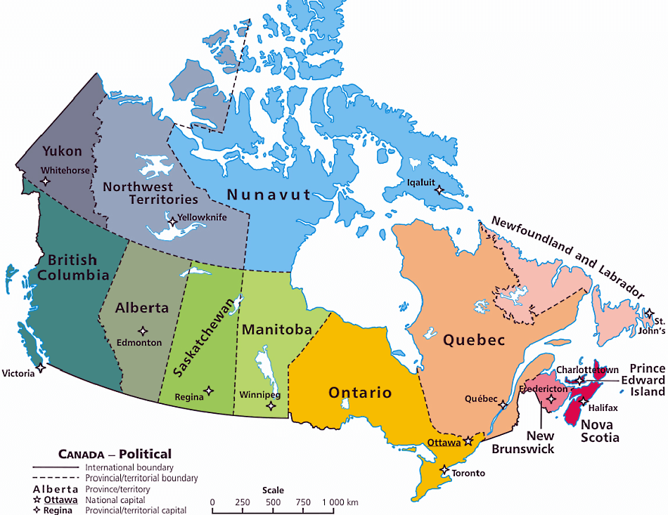 Canadá mapa politico com distritos em inglês