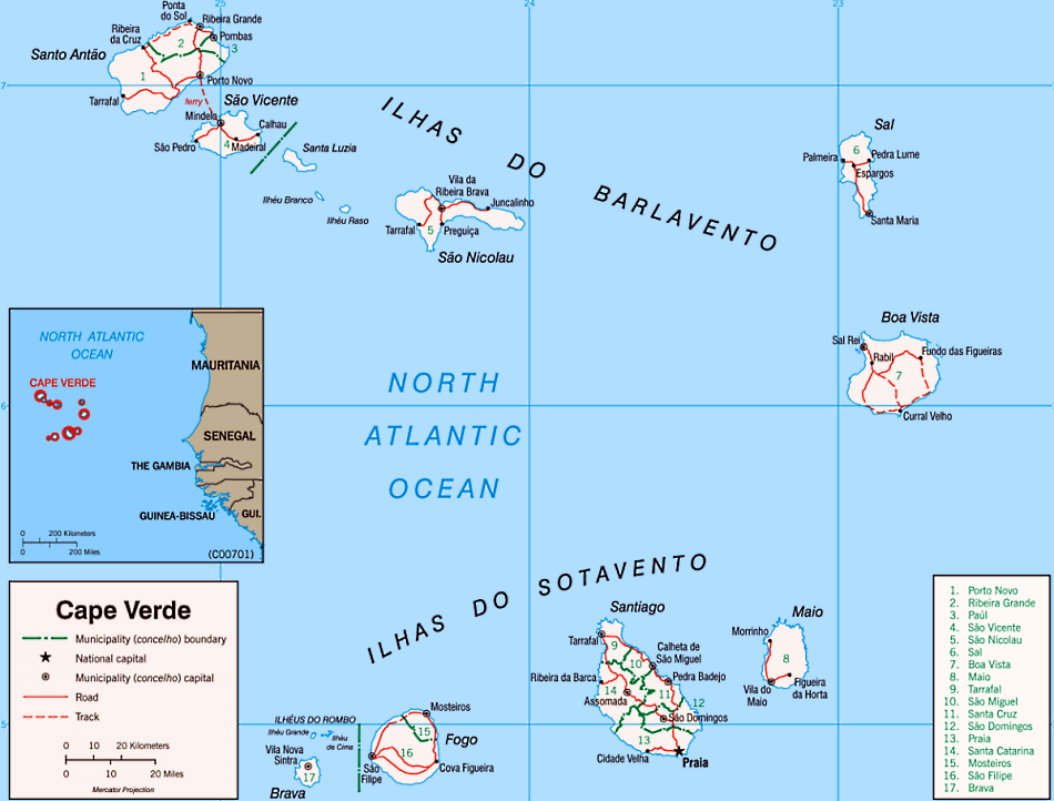 Kap Verde Karte mit Stadten auf Englisch