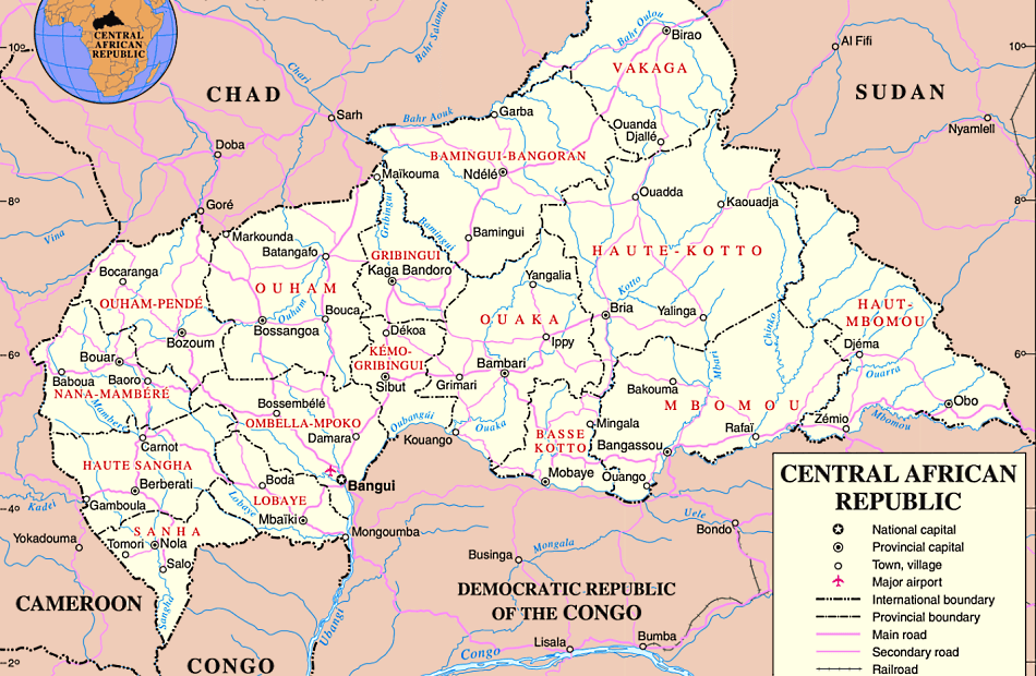 Zentralafrikanischen Republik Karte mit Stadten auf Englisch