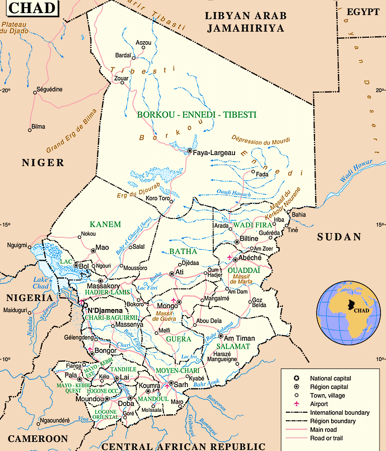 Tschad Karte mit Stadten auf Englisch
