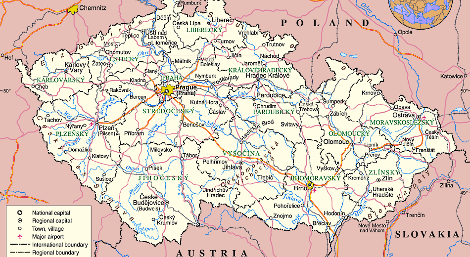 Tschechien Karte mit Städten, Regionen, Orten, Straßen und Flüssen auf Englisch