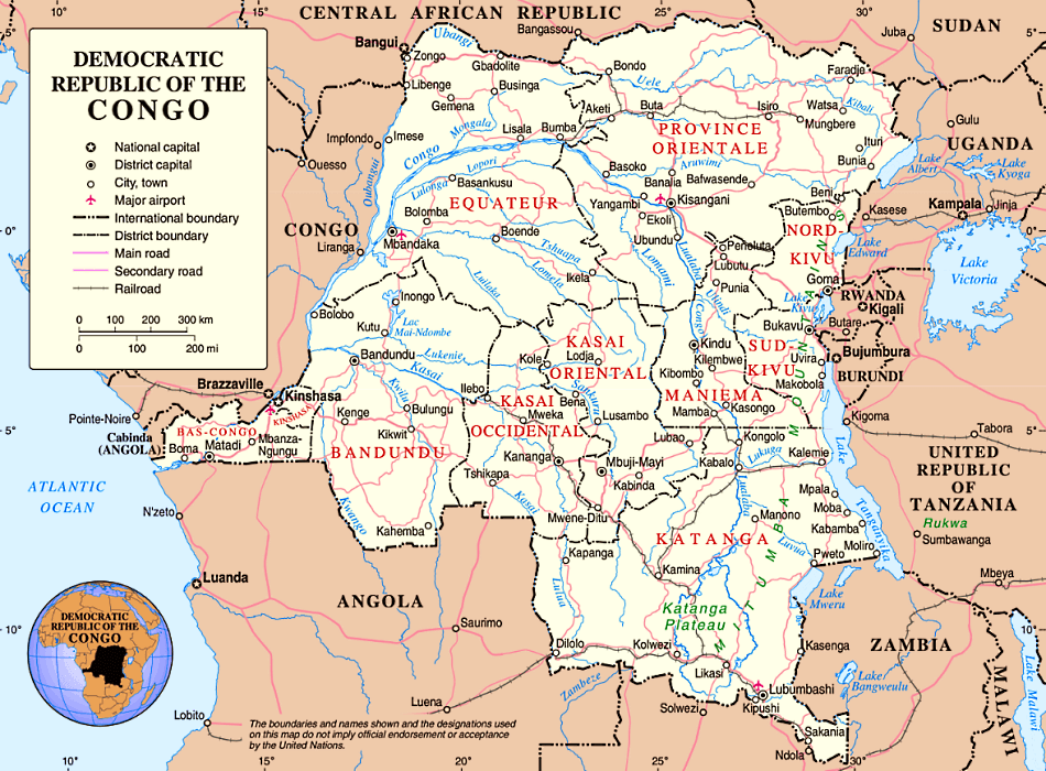 Demokratischen Republik Kongo Karte auf Englisch