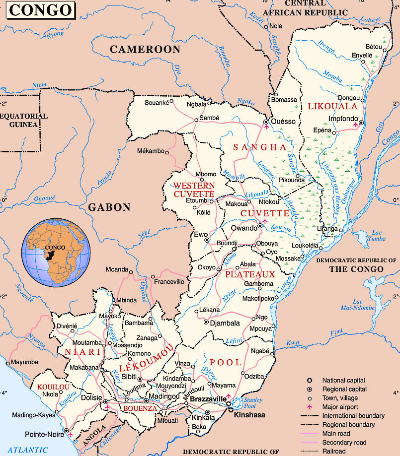 Congo mapa politico com distritos em inglês