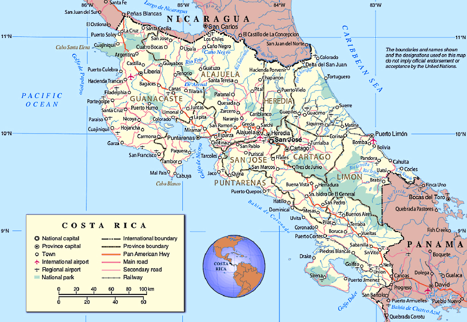 Costa Rica Karte mit Stadten auf Englisch