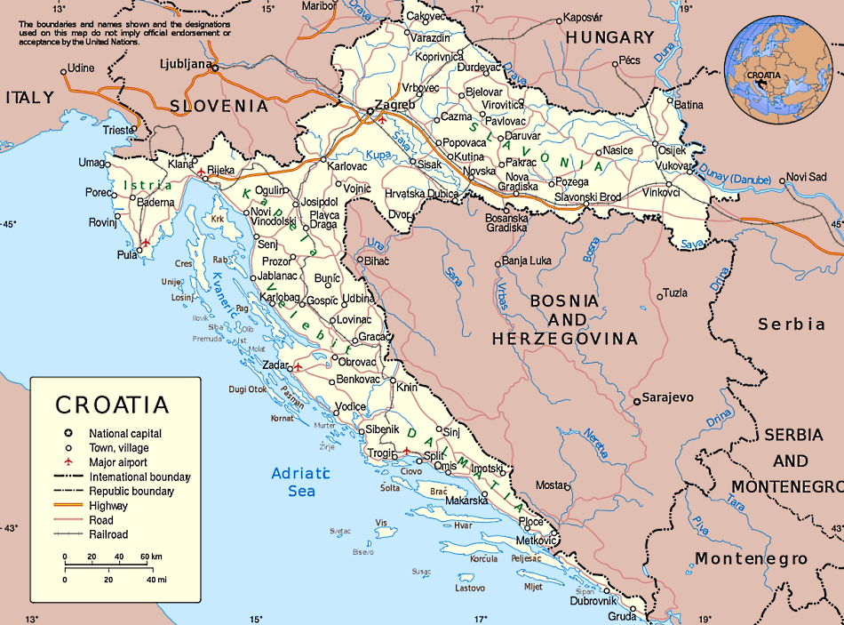 Kroatien Karte mit Städten, Regionen, Orten, Straßen und Flüssen auf Englisch