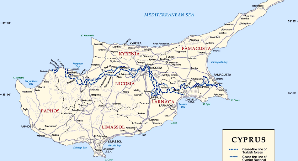 Zypern Karte mit Städten, Regionen, Orten und Straßen auf Englisch