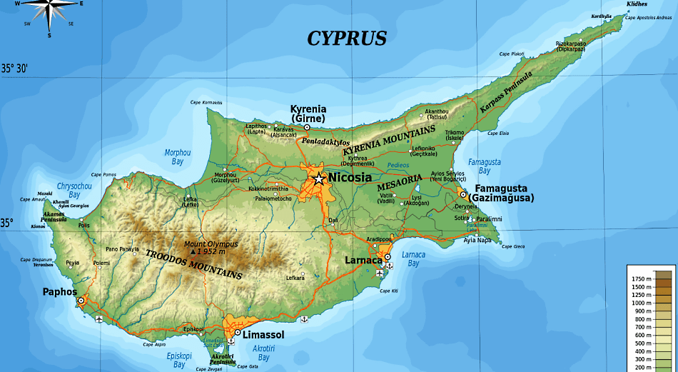 Zypern Karte mit Städten und Flüssen auf Englisch