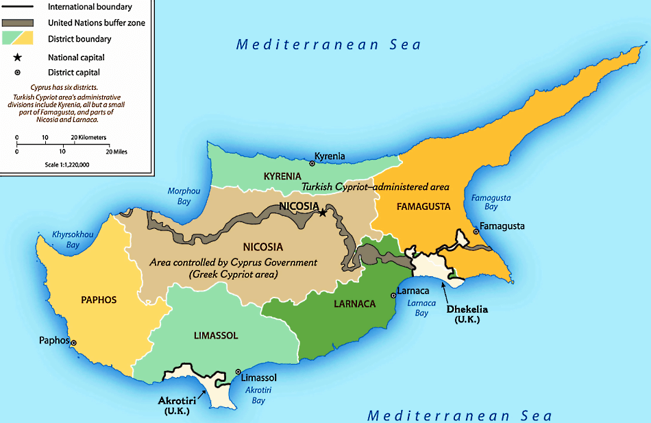 Zypern Karte mit Regionen auf Englisch