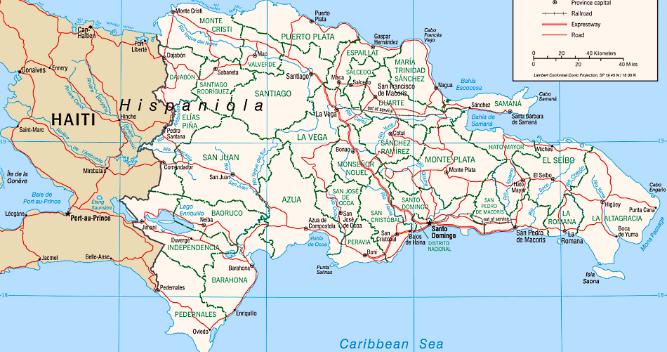 Dominicana Karte mit Städten, Regionen, Straßen, Flüssen und Seen auf Englisch