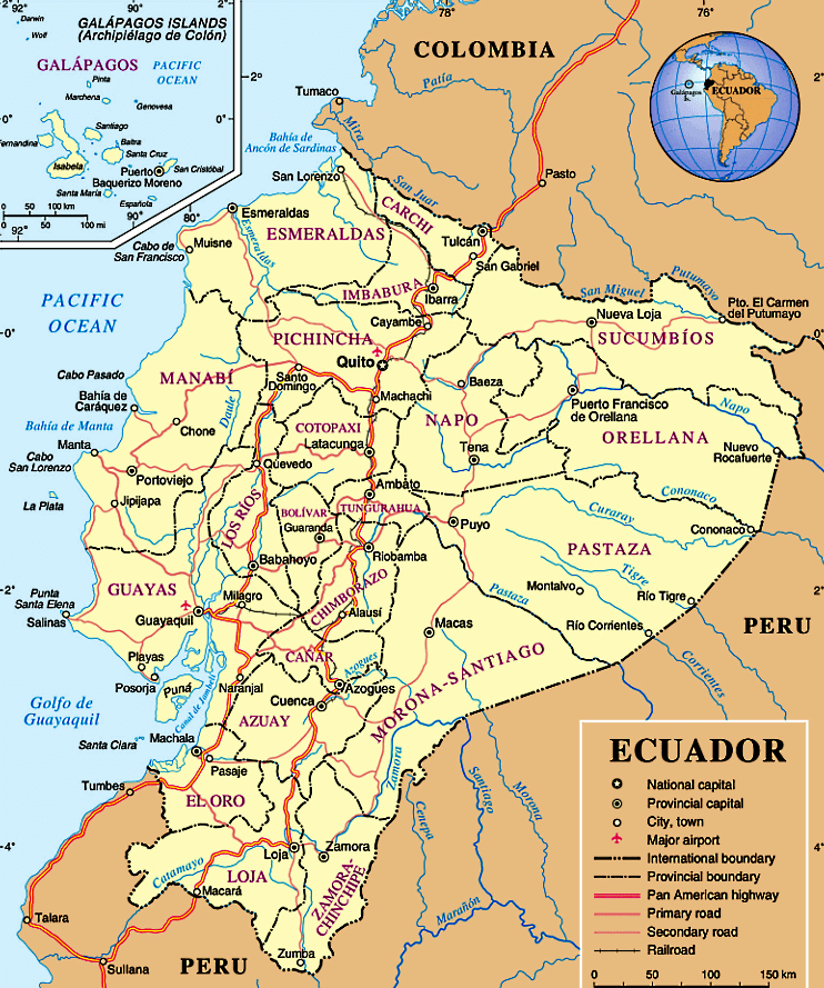 Ecuador Karte mit Stadten auf Englisch