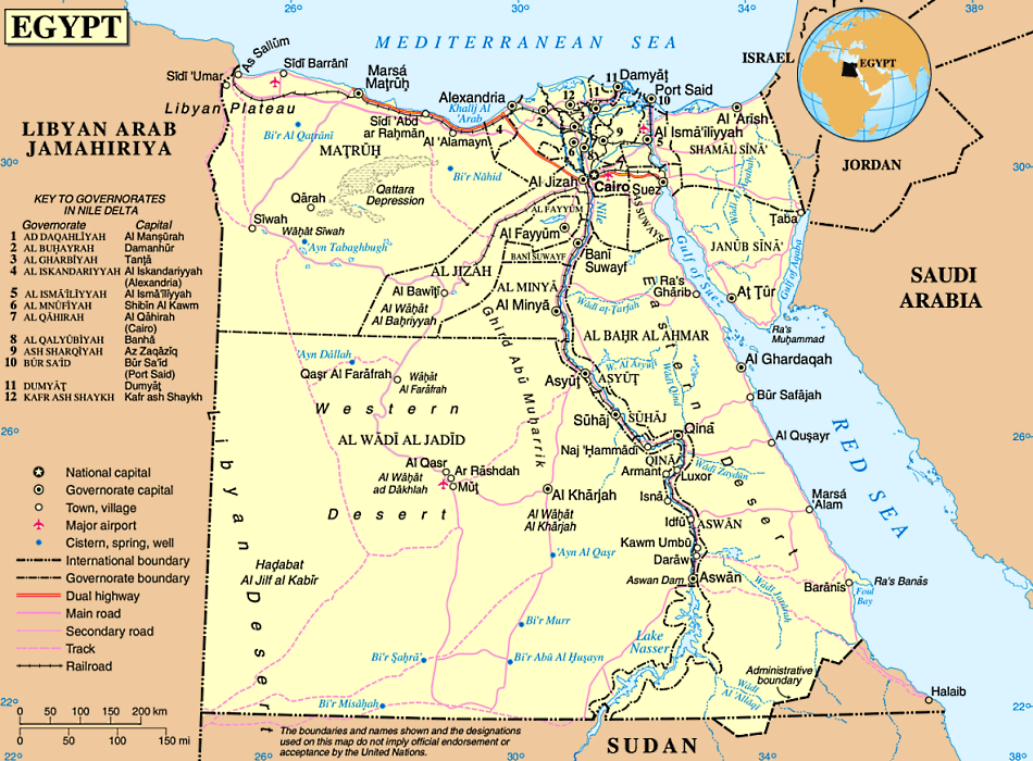 Ägypten Karte mit Städten, Regionen, Orten, Straßen, Flüssen und Seen auf Englisch